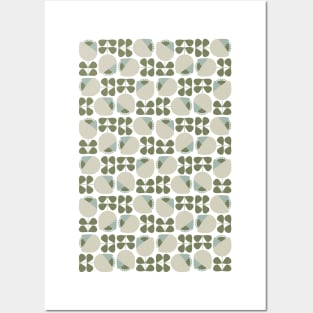 Retro Geometric Floral Pattern Olive Green, Light Taupe Posters and Art